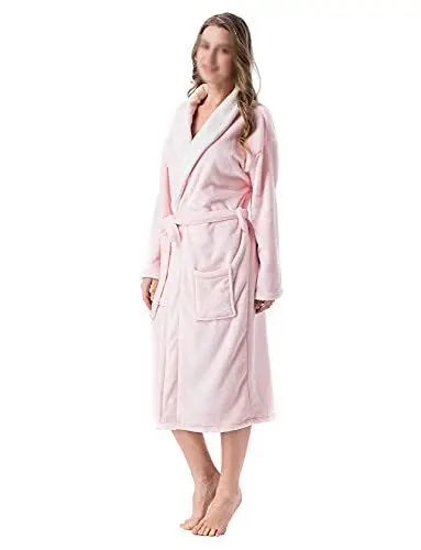 Produktbild: Damen-Bademantel, Kimono, langärmelig, Cardigan, Bademantel, Loungewear, Flanell, Revers-Bademantel für Frauen, Farbblockkragen, Hausmantel mit Gürtel Gr. 38, rose