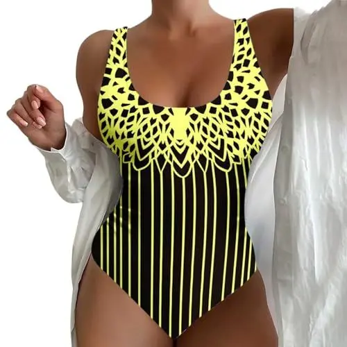 Produktbild: Damen-Bademode Damen-Monokini Blumenmuster Bikini-Bordüre mit Retro-Druck und quadratischem Ausschnitt für Damen (Gelb XL)