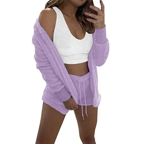 Produktbild: Damenbekleidung Winter Plüsch Home Wear Lässige 3-teilige Pyjamas Langarm-Shorts Sportanzug Kuschelset (PP2, S)