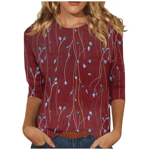 Produktbild: Damenblusen 3/4 Arm,Damen Shirt 3/4 Arm,Damen Oberteile 2024 3/4 Ärmel Rundhalsausschnitt Niedliche Shirts Blumendruck Trendy Tops Seven Guarter Length Blusen,Rot,5XL