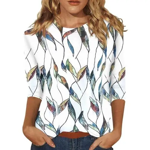 Produktbild: Damenblusen 3/4 Arm Shirt Elegant - T-Shirt Oberteile Tops Mit Buntem Druck, Tunika Lose Rundhals Sommershirts, Mode Hemdbluse Oberhemd XXL