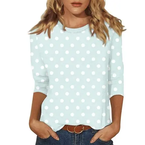 Produktbild: Damenblusen Elegant,Damen T-Shirt 3/4 Arm Oberteile Tops Rundhalsausschnitt Gestreift Druck Sommershirts Slim Fit Mode Damenblusen Leicht Und Luftig Loose Langarmshirt Shirt（04-Minzgrün,M）