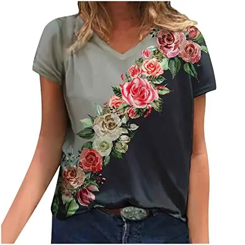 Produktbild: Damenblusen und -Hemden,Modefrau, Kausale V-Ausschnitt-Druckbluse, Kurzarm-T-Shirt, Sommeroberteile, Hemden, Damen, Geschenke, 2023, Sweatshirt, Tunika-Pullover