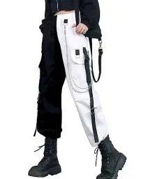 Produktbild: XKBHYD Damen Schwarz und Weiß Multi-Pocket Cargo Pants Jogginghose Straight Leg Pants Halloween Pants, 4 schwarze Hosen, XX-Large