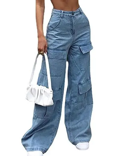 Produktbild: Damen-Cargo-Jeans mit mehreren Taschen, Baggy, Streetwear, Y2K-Hose, Pattentaschen, weites Bein, Cargohose, Blau, S