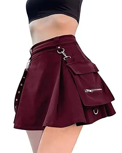 Produktbild: Damen-Cargo-Rock, hohe Taille, Vintage, lässig, A-Linie, Mini-Röcke mit Tasche und Gürtel, Gothic, Punk, Y2K, Streetwear, 6-wein, Klein
