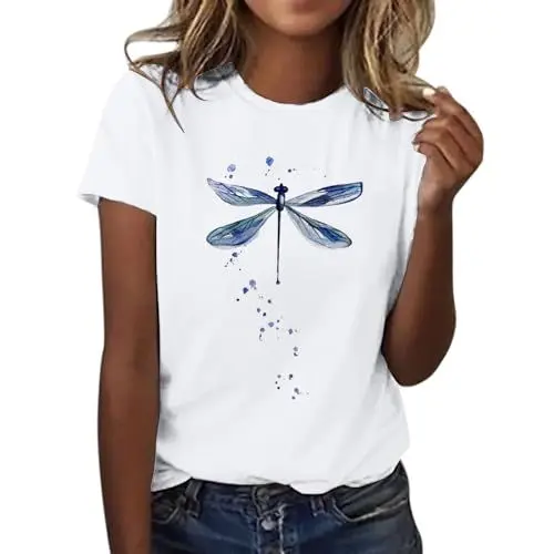 Produktbild: Damen-Druck-Shirt, kurzärmelig, Rundhals-T-Shirt, modisches Oberteil, leicht, weich, lässig, Sommerkleidung T Shirt Damen Mit Sprüche (White, XXXL)