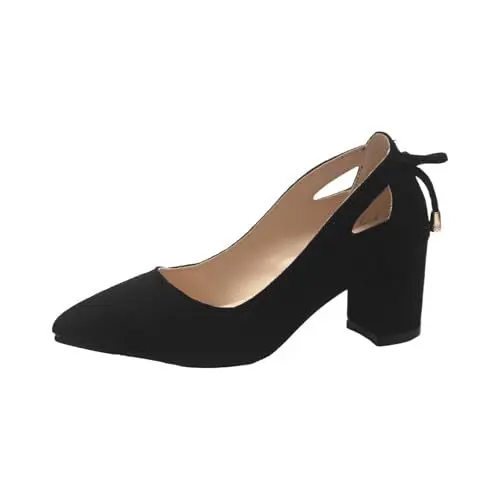 Produktbild: Damen-High-Heels mit spitzem, flachem Schnitt, dickem Absatz, ausgehöhltem Absatz-Design, Fliege-Dekoration, einfarbig Schuhe Damen Pumps 45 (Z0A-Black, 39)