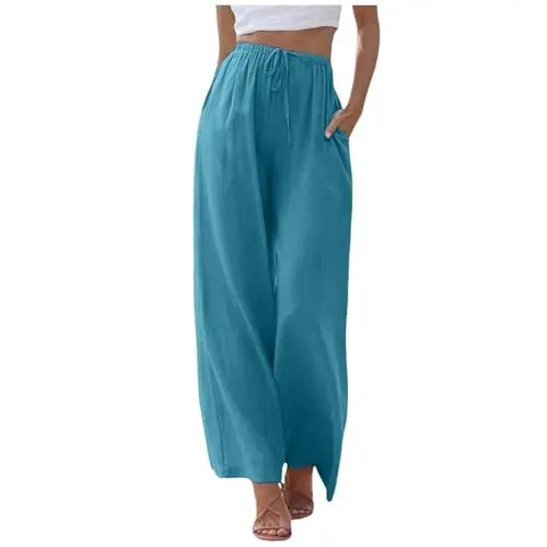 Produktbild: Damen-Hosen mit hoher Taille weitem Bein modische elastische Hose Bequeme Lange gerade Beinform Taschen Casual Pants (Sky Blue, XXXL)