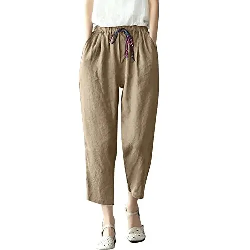 Produktbild: Damenhosen KurzgrößEn Stretch Elegant Bluse Damen Baumwolle Leinen Elastische Taille Lose Freizeithose Retro Slim Lace Karottenhose Hose Oben Eng Unten Weit Damen Jeans Pants (A, XXXL)