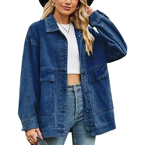 Produktbild: Damen-Jacke mit Knöpfen, Lockere Passform, Lange Ärmel, Taschen, Jeansjacke, übergroße, Mittellange Jeansjacke (L)