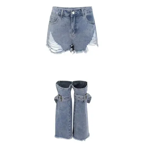 Produktbild: Damen-Jeans mit Fransen und hoher Taille, Röhrenshorts mit Leggings Damen High Waist Jeans Mid Push up Jeans Shorts Damen (Blue, L)