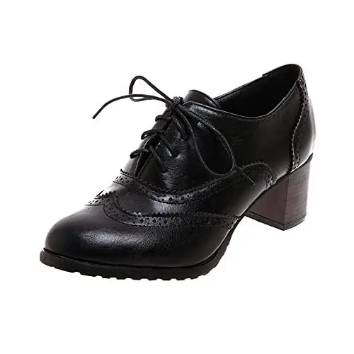 Produktbild: Damen-Lederschuhe Pumps mit niedrigem Blockabsatz Komfort-Oxfords Formelle High Heels Elegante und Bequem Schuhe Einfarbige High Heels mit Schnürsenkeln Schwarz,39