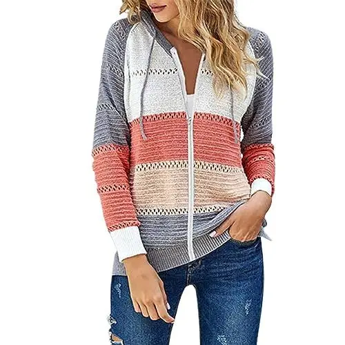 Produktbild: Damenmantel FüR Den üBergang Winterjacke MäDchen Europäische und amerikanische Plus-Size-Damen-Strickjacke mit langen Ärmeln und gestreiftem Herbstmantel Damen Elegant Strickjacke Mit (Orange, XL)