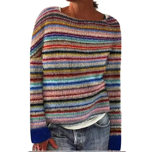 Produktbild: Damenmode Herbst Pullover Stricken Buch Warme Pullover Damen Winter Strickpullover Damen mit Blumen Weihnachtspullover Damen Beige Weiss Gestreifter Pullover Elegante Damen Warehouse