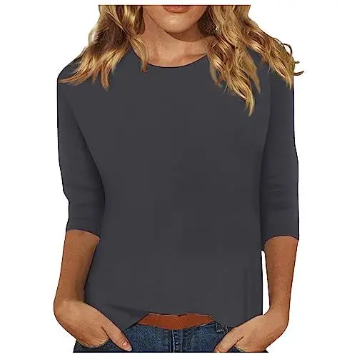 Produktbild: Damenmode Sommer 2023,Damen Bluse 3/4 Arm Elegant Rundhalsausschnitt Oberteile Mode Leger Slim Fit Tops Dreiviertelarm Shirt Grau XL