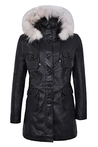 Produktbild: Damenober 9940 Schwarz Glaze Kapuze Pelz Mittellanges Napa Echtlederjacke -Mantel (20, Black)