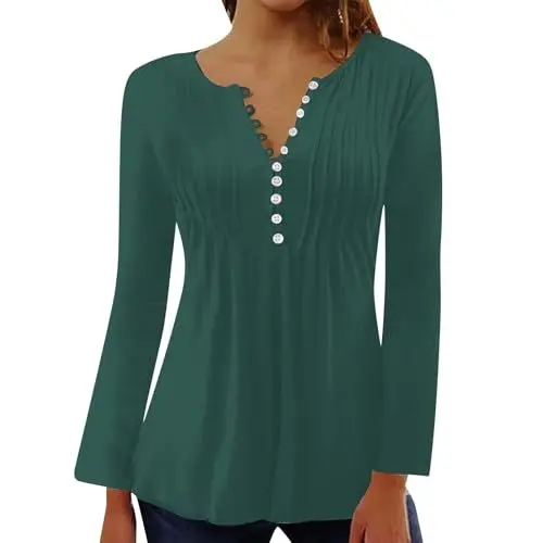 Produktbild: Damenoberteile Größe 14 Fließende Oberteile Frauen Großbritannien Abendmode Für Damen Bluse Knopfleiste Vorne Offen Kurzarm Locker Langarm Shirt Top (Green, S)