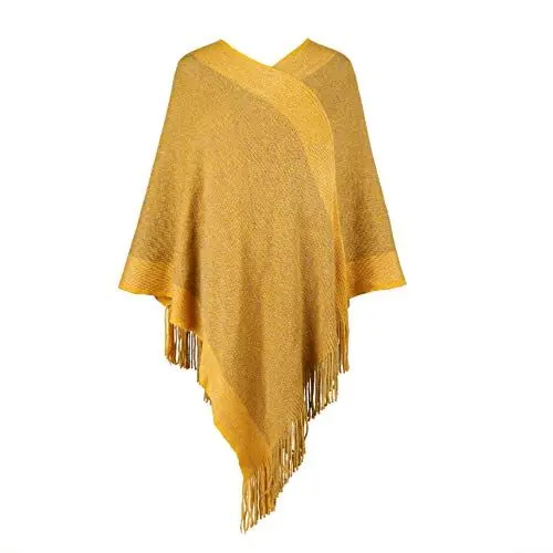 Produktbild: Damen-Poncho-Pullover, V-Ausschnitt, gestreift, Strick, Schal, Umhang, Pullover mit Fransen, Geschenke für Frauen, Mutter, senfgelb, S-L