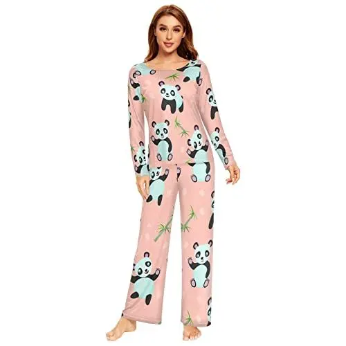 Produktbild: Damen-Pyjama-Set, niedliche Pandabären, Bambus-Pflanze, Pyjama-Set, langärmelig, lange Hose, 2-teilig, Loungewear, Nachtwäsche, mehrfarbig, 38