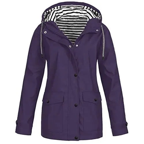 Produktbild: Regenjacke Frauen Leichter Regenmantel Wasserdichter Windbreaker Kordelzug Reißverschluss Klettern Outdoor Kapuzenmantel TrenchcoatsLilaXL