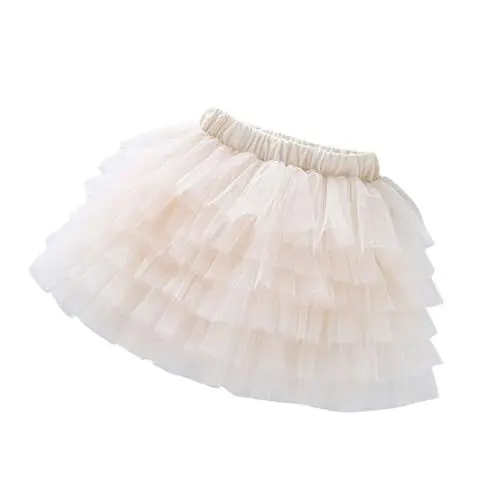 Produktbild: Damen-Rock mit elastischer Taille, Tüll, Geschichteten Rüschen, Netzstoff über dem Knie, kurzer Stufenrock Schwarz Spitze (Beige, One Size)