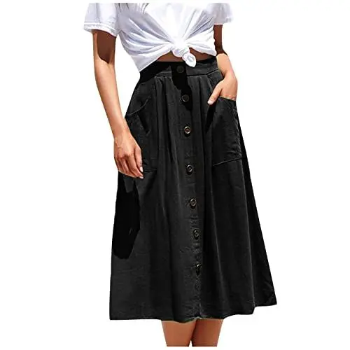 Produktbild: Damenrock Winter Knielang Röcke Damen Sommer Leinenrock Damen Knielang Röcke Damen Elegant A Linien Kleid Damen Midi Rock Damen Sommer Rock Für Hochzeit Damen Rock Mit Taschen Schwarz M