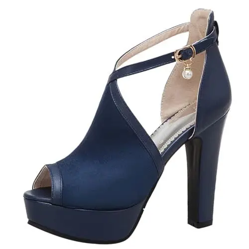 Produktbild: Damen-Sandalen mit Blockabsatz, Peep Toe Gladiator Sandalen Schnalle Höhe Ferse Sandalen Knöchelriemchen mit Plateau, 8079Tdu Blau Gr 48 EU