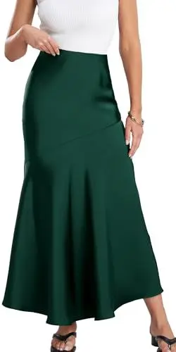 Produktbild: Damen-Satin-Rock mit hoher Taille Elastische Taille A Linie Röcke Sexy Plisseerock Retro Rock Knielang Freizeitrock Arbeitrock Bürorock Satin Rock Dunkelgrün XL