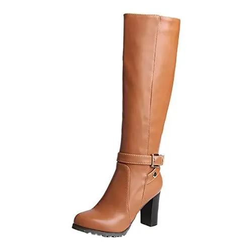 Produktbild: Damenstiefel Damen Winter Dicker Absatz High Heel wasserdichte Plattform Runde Kopfhohe Lederstiefel Breite Waden (Brown 38)