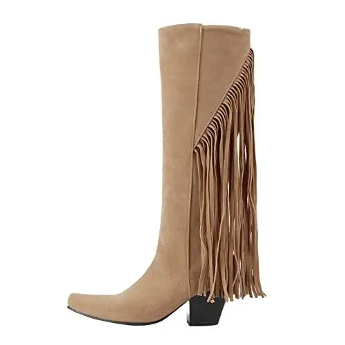 Produktbild: Damen Stiefel Damen einfache modische eckige Ferse eckige Zehe einfarbige Fransen mittelhohe Stiefel Mit Fell Damen (Beige 40)