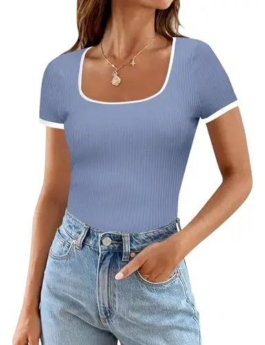 Produktbild: Damen-Tops Mit Quadratischem Ausschnitt Aus Rippstrick Für Die Arbeit Figurbetonte Junior-T-Shirts Unter Pullover-Hemd Herbst Winter T-Shirts