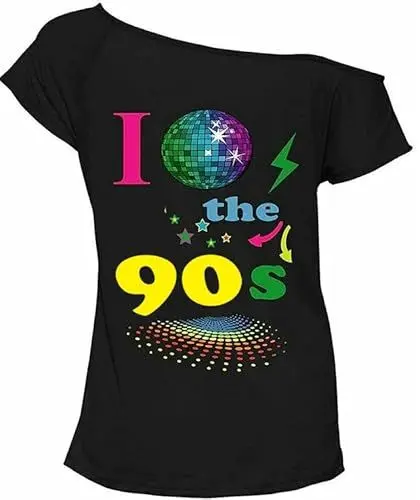 Produktbild: Damen-T-Shirt, kurzärmelig, mit Aufschrift I Love The 80s, Retro-Star, I Love 90s Globe Schwarz, 42-44