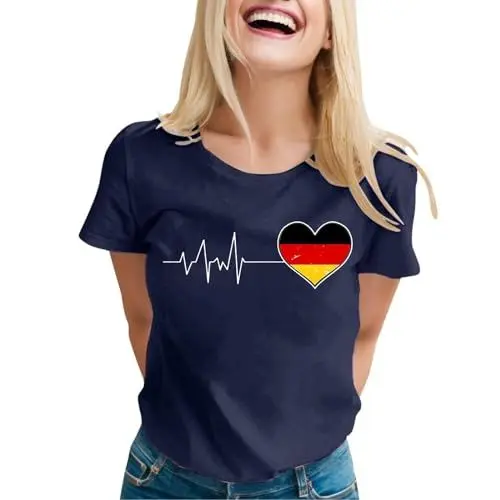 Produktbild: Damen-T-Shirt mit Klassischer Passform Und V-Ausschnitt Kurzärmlig Rundhalsausschnitt mit Deutscher Flagge Bedruckt Lockeres Freizeitoberteil Für Den Sommer Jungenbekleidung (Dunkelblau S)