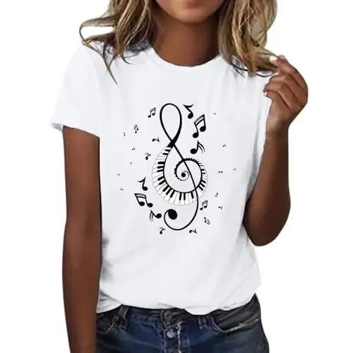 Produktbild: Damen-T-Shirt mit Musiknoten-Aufdruck, kurzärmelig, Rundhals-T-Shirt, modisches Oberteil, leicht, weich, lässige Sommerkleidung Strick Oberteil Damen Shirt Damen Elegant (White, S)