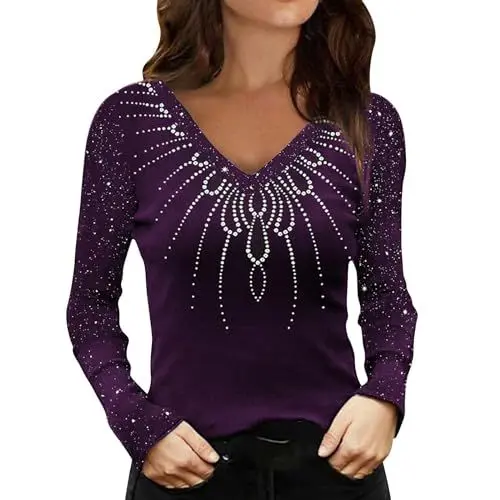 Produktbild: Damen-T-Shirt-Oberteil mit Langen Ärmeln, modischem Pailletten-Aufdruck, Lockerem V-Ausschnitt T Shirt Gestreift Damen (Purple, XXXXL)