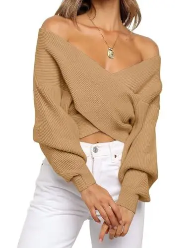 Produktbild: Damen-Wickelpullover mit V-Ausschnitt, Kurze Pullover, Herbst, Lange Ärmel, Kreuz vorne, schulterfrei, solide Strickpullover(Brown,L)