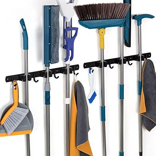 Produktbild: Damita Besenhalterung Wand, Mop Halter Wandhalterung Besen für Zuhause Küche Badezimmer Gartengeräte, Edelstahl rutschfest Gerätehalter wand 2 Stück (Schwarz, 3 Halter und 4 Haken)