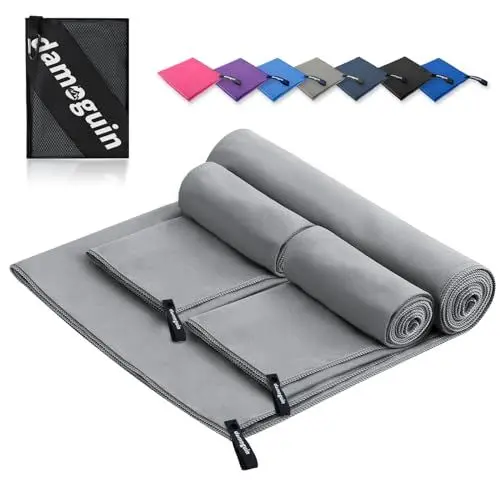 Produktbild: damoguin 3er-Set Mikrofaser Handtuch, Groß (180*80cm) & 2 Stück Klein (80*40cm) Schnelltrocknende Microfaser Fitness Handtücher, als Sporthandtuch, Strandtuch, Badetuch und Reisehandtuch (Hellgrau)