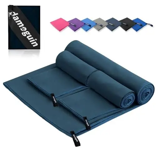 Produktbild: damoguin 3er-Set Mikrofaser Handtuch, Groß (180*80cm) & 2 Stück Klein (80*40cm) Schnelltrocknende Microfaser Fitness Handtücher, als Sporthandtuch, Strandtuch, Badetuch und Reisehandtuch (Marineblau)