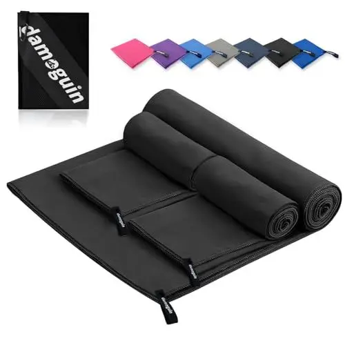Produktbild: damoguin 3er-Set Mikrofaser Handtuch, Groß (180*80cm) & 2 Stück Klein (80*40cm) Schnelltrocknende Microfaser Fitness Handtücher, als Sporthandtuch, Strandtuch, Badetuch und Reisehandtuch (Schwarz)