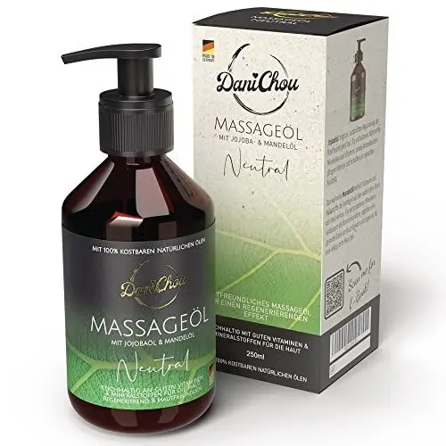 Produktbild: DaniChou Massageöl Neutral 250ml - Ohne Parfüm - Für empfindliche Haut - Vitalstoffreiches Körperöl - Mit Jojobaöl & Mandelöl - 100% Naturkosmetik - Regenerierender Pflegeeffekt für straffe Haut