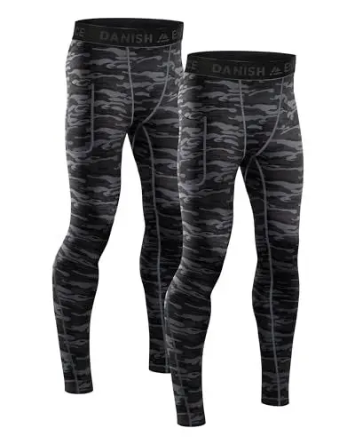 Produktbild: DANISH ENDURANCE Kompressionshose, Lange Laufhose, Sport-Leggings mit Taschen, Leicht & Bequem, für Herren, 2er Pack Grau Camo XL