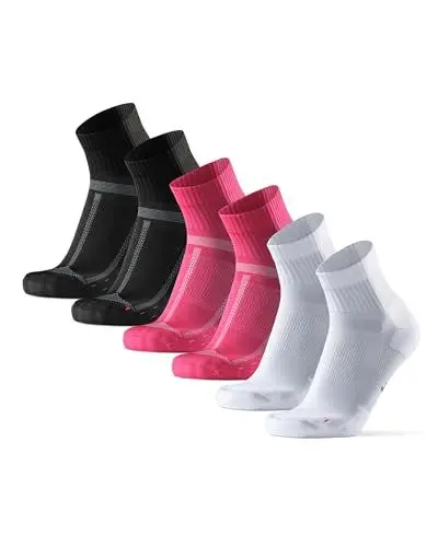 Produktbild: DANISH ENDURANCE Quarter Laufsocken, 3 Paar Knöchelhohe Sportsocken, Leichte Kompression, Atmungsaktiv & Gepolstert, Schweißableitend, Unisex, für Damen & Herren, 1 Schwarz, 1 Rosa, 1 Weiß, 39-42