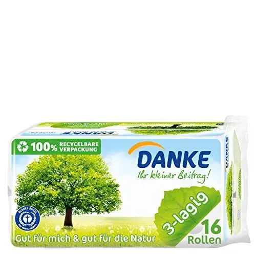 Produktbild: DANKE Toilettenpapier, sanftes Klopapier 3 lagig aus 100% Recycling Papier, 1 x Vorratspack mit 16 Rollen