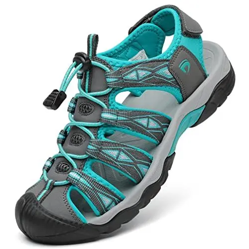 Produktbild: DANNTO Sportsandalen Damen Trekking Sandalen Outdoorsandale Geschlossene Gummi Wandersandalen Sommer für Reisen（Grau blau,38）