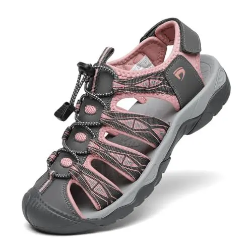 Produktbild: DANNTO Sportsandalen Damen Trekking Sandalen Outdoorsandale Geschlossene Gummi Wandersandalen Sommer für Reisen（Grau rosa,40）