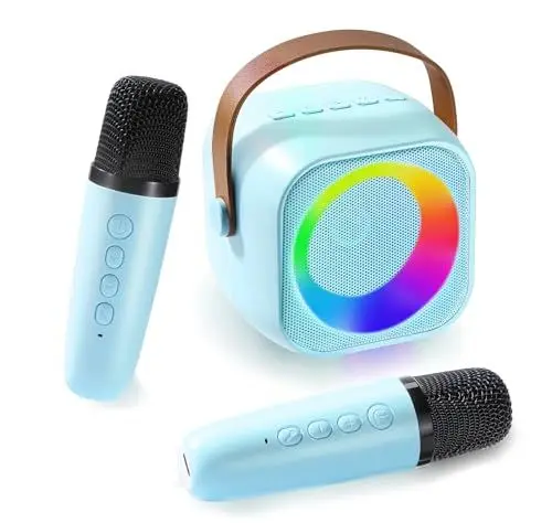 Produktbild: Danolt Bluetooth Karaoke Maschine,Blau Karaoke Maschine mit 2 Mikrofonen,Kinder Musikbox Mini Karaoke Maschine mit Vier Variablen Soundeffekten und Led-Lichtern Geschenksets Kinder Erwachsene