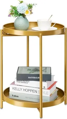 Produktbild: danpinera Gold Beistelltisch Rund, Kleiner Beistelltisch mit 2 Abnehmbarer Ebenen, Kleiner Tisch für Wohnzimmer, Metalltisch Outdoor für Balkon, Small Table für Schlafzimmer, Gold