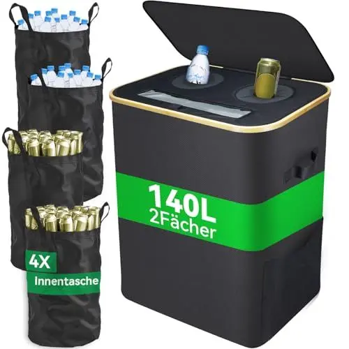 Produktbild: DanzeyGreen 140L Pfandflaschen Sammelbehälter mit Deckel,2 Fächer,4 Flaschentaschen,Großer Pfandbehälter,Flaschensammler leergut geeignet für Küche und Speisekammer,Schwarz